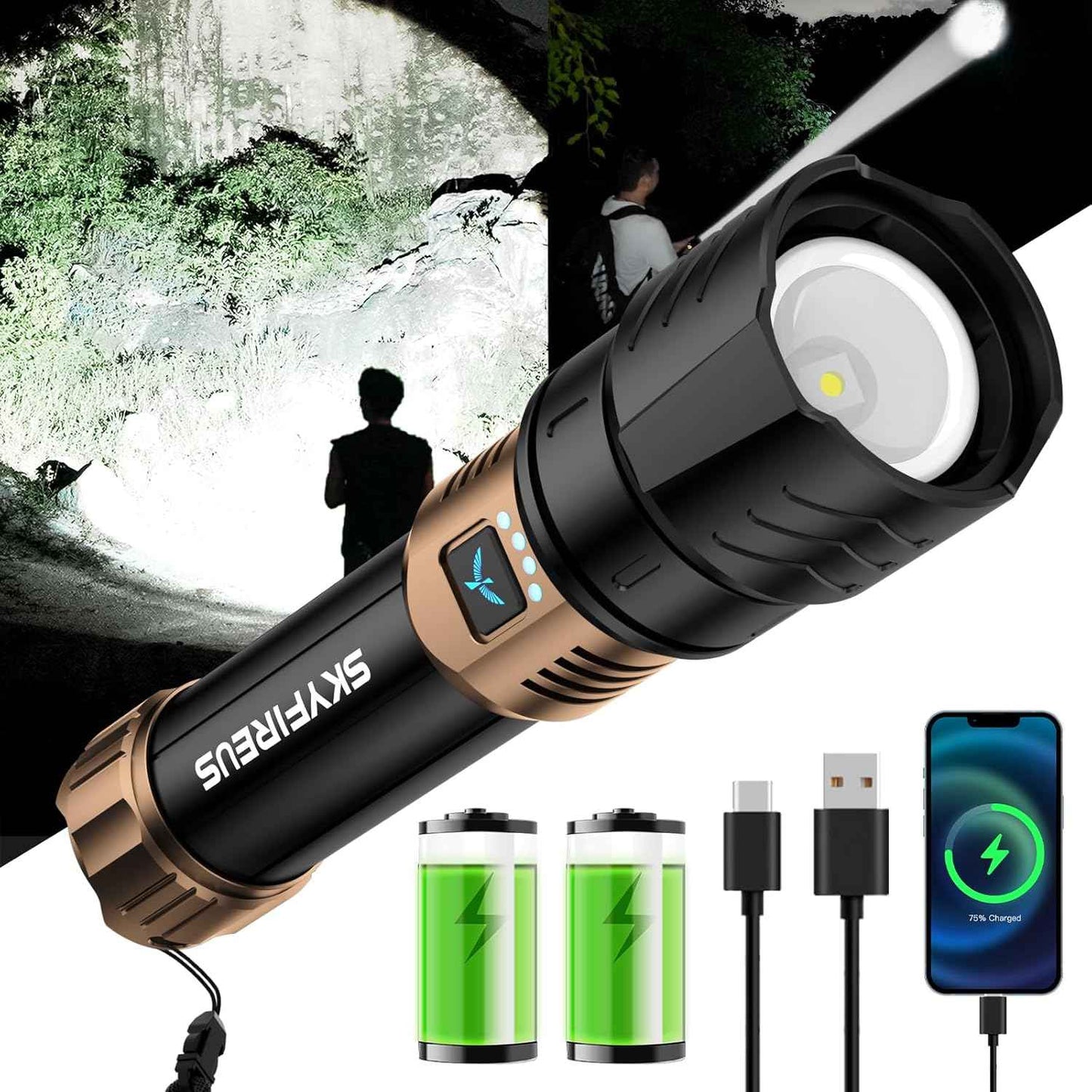 2000 Lumen Rechargeable LED Flashlight - Waterproof Tactical Light with Zoom & 4 Modes for Camping & Outdoor Use