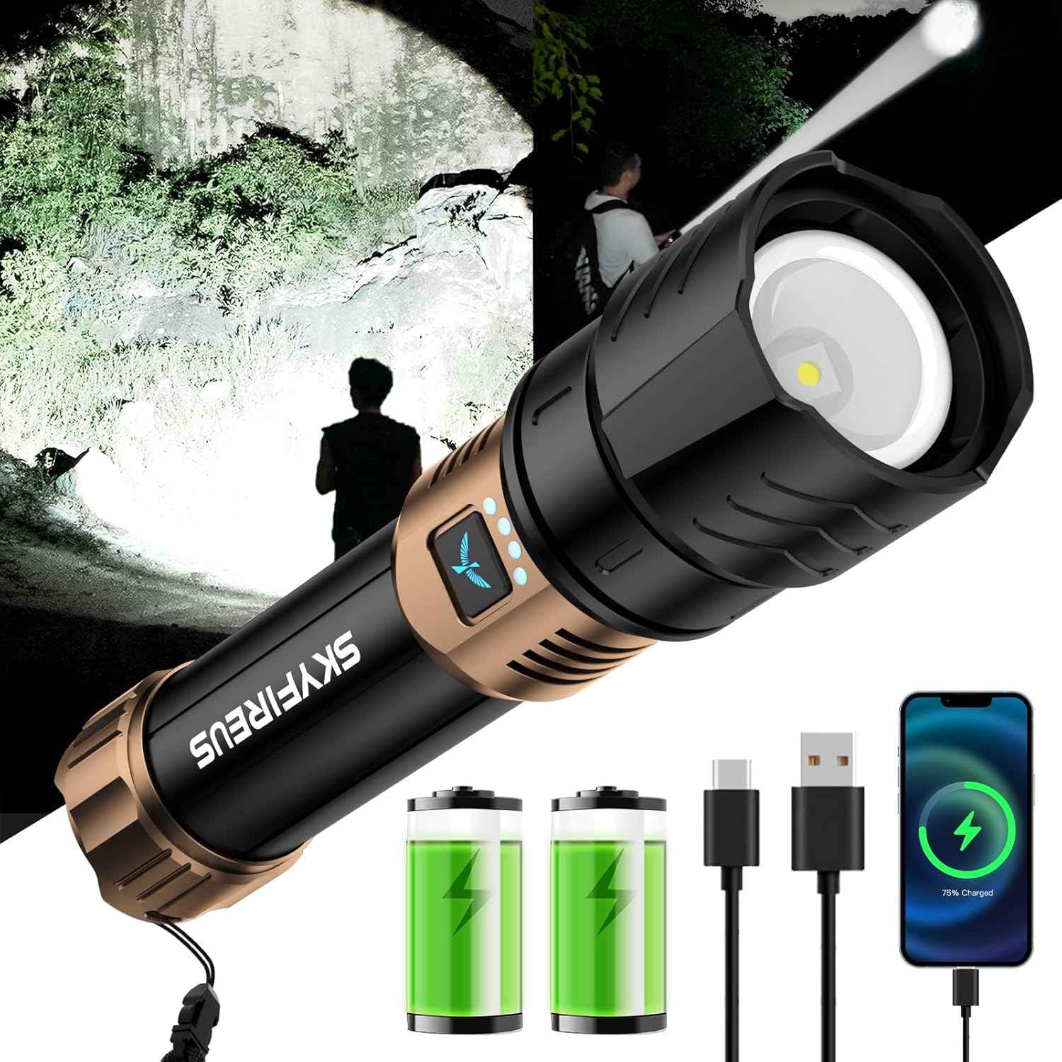 2000 Lumen Rechargeable LED Flashlight - Waterproof Tactical Light with Zoom & 4 Modes for Camping & Outdoor Use