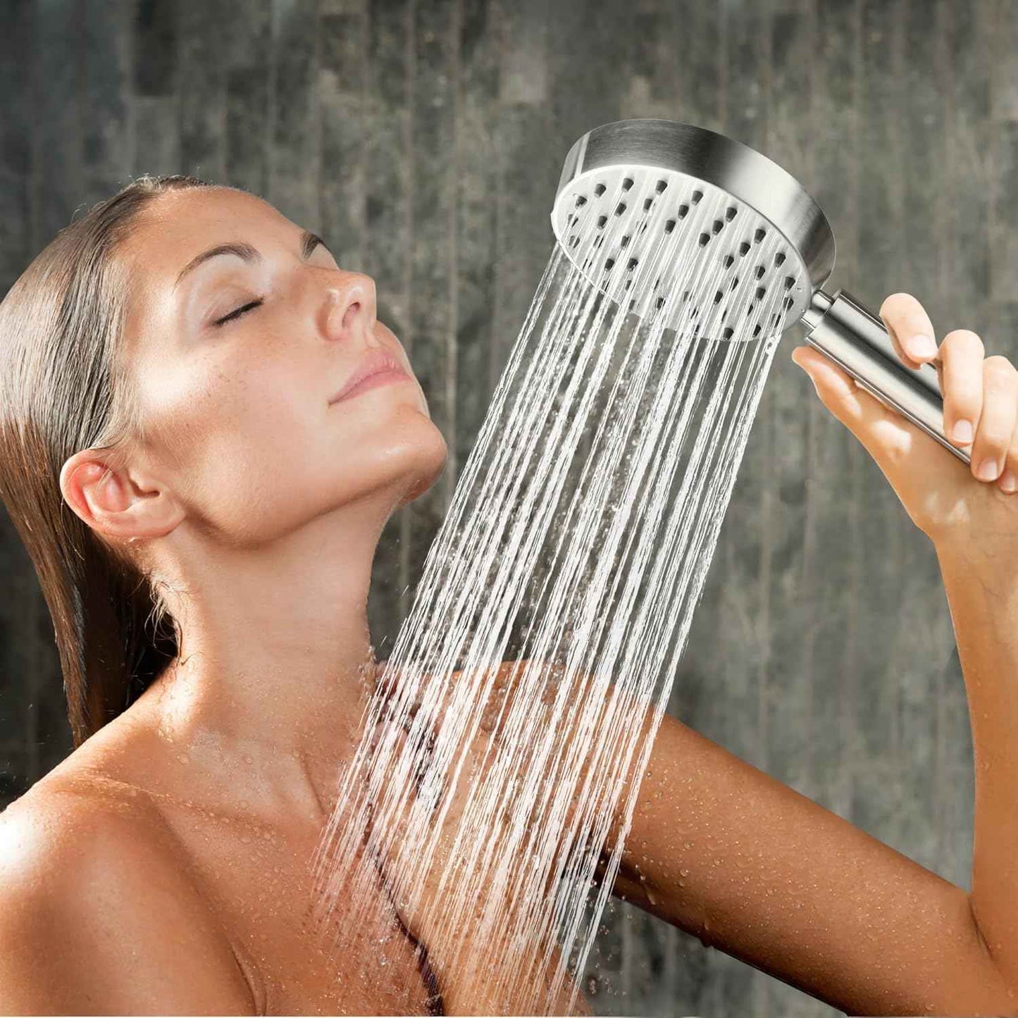 Brushed Nickel Handheld Shower Head with Extra Long Hose & Water-Saving Valve - Modern Design, 1 Setting, 10-Year Warranty