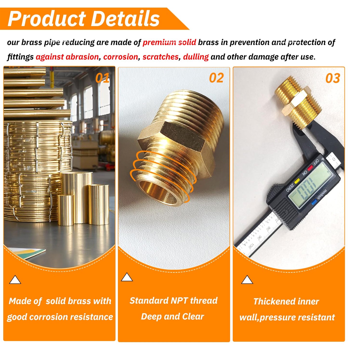 Gadoutcover 2pcs 3/4" NPT x 1/2" NPT Brass Nipple, 3/4 to 1/2 Adapter Fitting Reducing Solid Hex Nipple, Brass 3/4 Male to 3/2 Male Reducer Pipe Fittings for Extending and Connecting Pipes