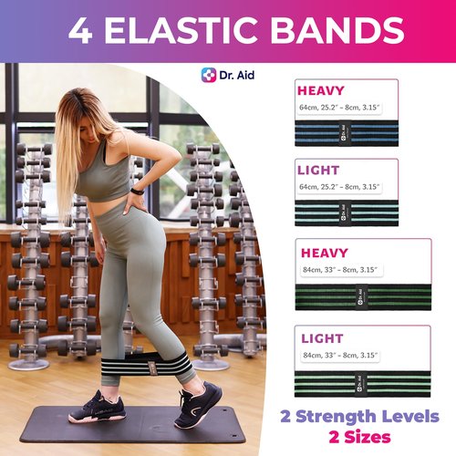 Dr. Aid Fabric Resistance Bands for Women & Men – 4 Booty Bands Set (2 Sizes, 2 Tension Levels) – Non-Slip, Non-Curl, Tear-Resistant, Extra Stretchy Workout Bands for Legs, Hips, Glutes & Butt