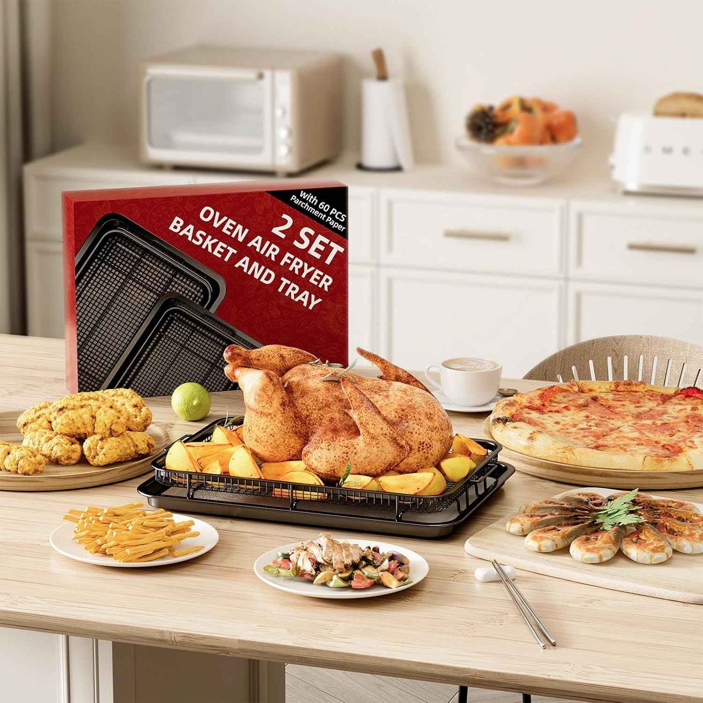 Air Fryer Basket Set with Parchment Papers - Non-Stick Stainless Steel Trays (2 Sizes)