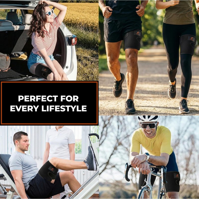 Thigh Compression Sleeve, Hamstring Compression Sleeve for Injury Support and Recovery - Adjustable Neoprene Thigh Brace with Hook and Loop Straps for Running, Cycling, Basketball - Men and Women