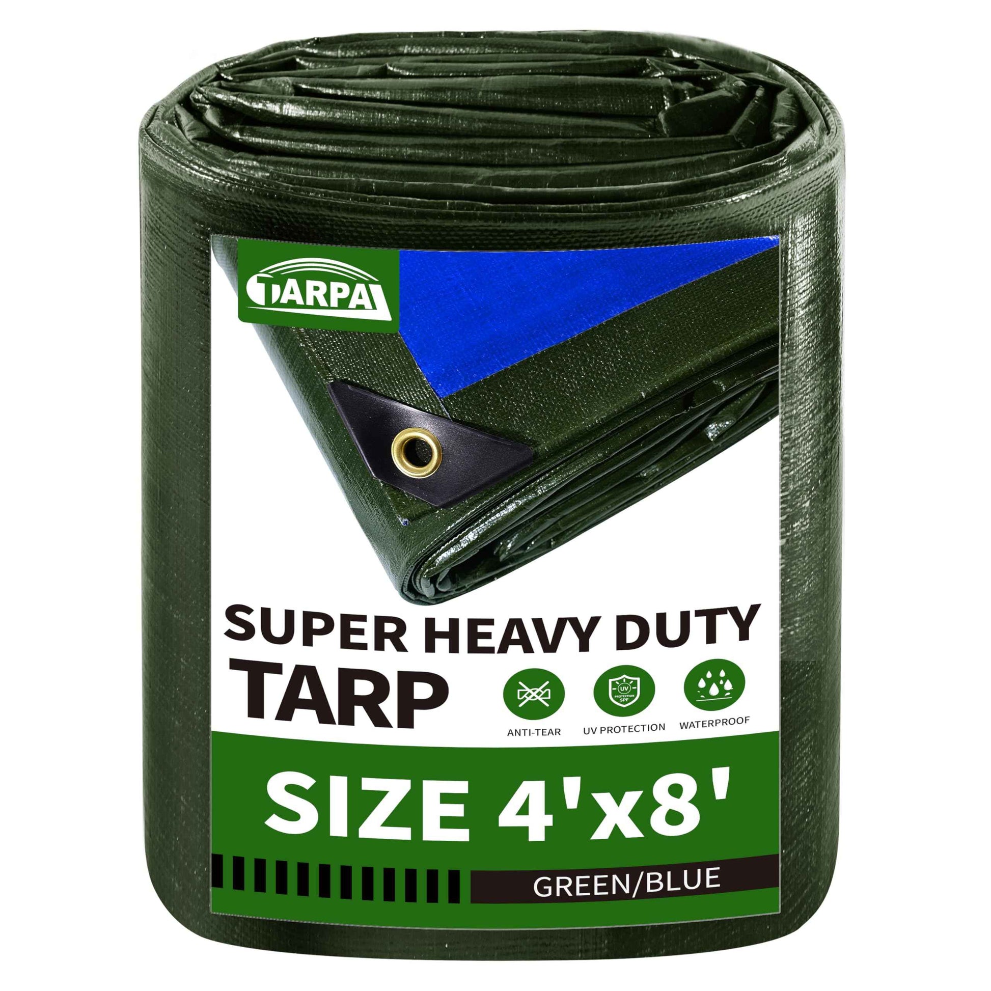 TARPAL 4x8FT Heavy Duty Waterproof Tarp 16mil Thick Tarps with Metal Grommets Every 17.7" UV Protection&Tear -Resistant Cover for Firewood,Roof,Pool,Car,RV&Outdoor Furniture(Green/Blue)