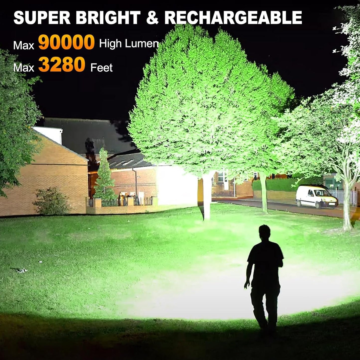 90000 Lumen Rechargeable LED Flashlight - 10000mAh Battery, 7 Modes, IPX7 Waterproof for Camping & Home