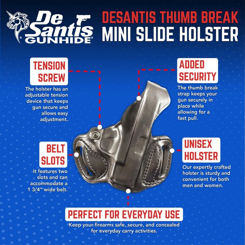 DeSantis Thumb Break Mini Slide - OWB Gun Holster, Belt Slide Leather Holster for Pistols, Tight Fitting, Quick Draw, Fits the Springfield Hellcat, Hellcat OSP - Left Hand Draw, Black