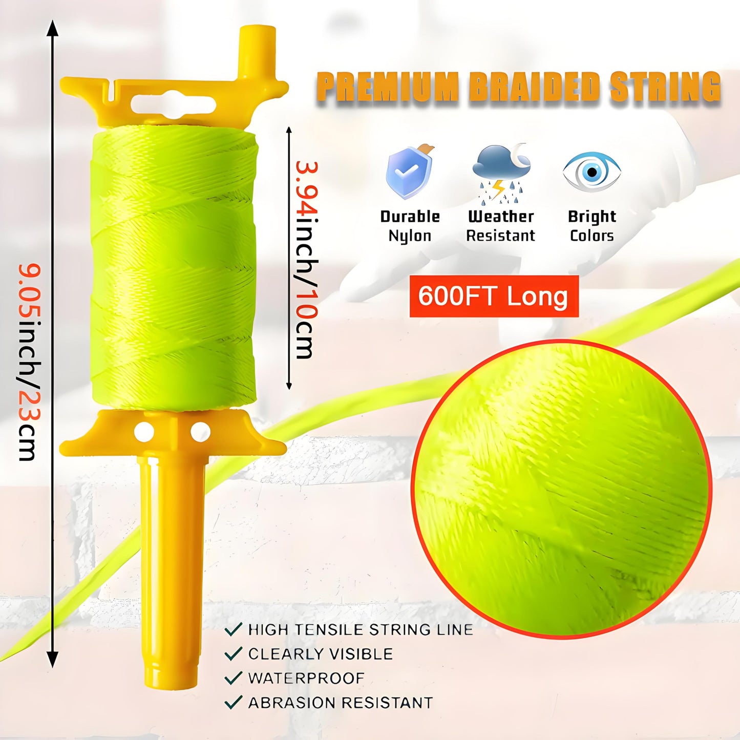 Reloadable Line Reel,Mason Line String line with Handle, 600 Ft Length Nylon Twine,18 Braided Nylon String for Gardening Or Masonry Tools,Outdoor Kite,Twine String for Gardening Fluorescent Yellow