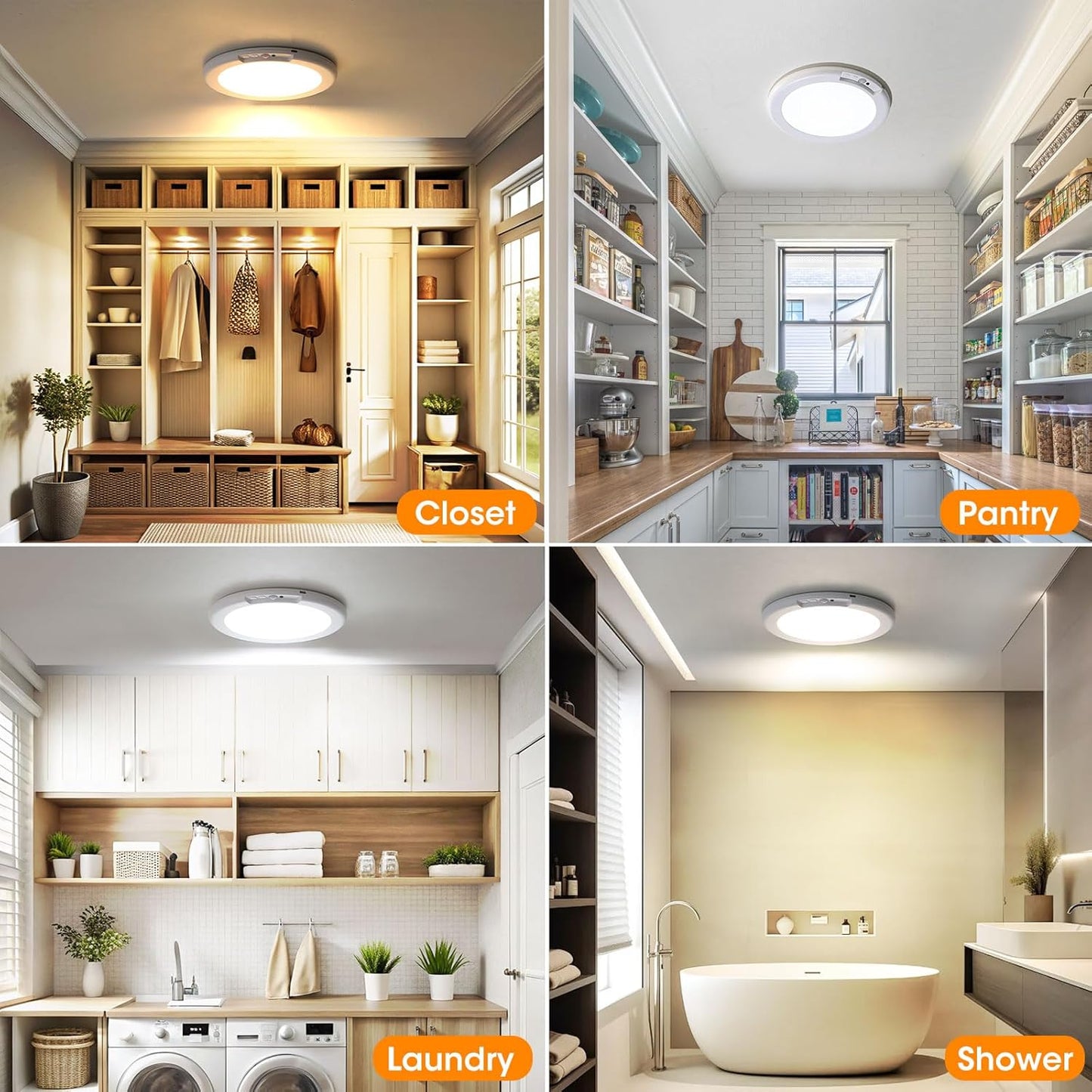 Rechargeable Motion Sensor Ceiling Light - 2 Pack Wireless Battery-Powered with Remote for Closet, Shower, Stairs, and Hallway