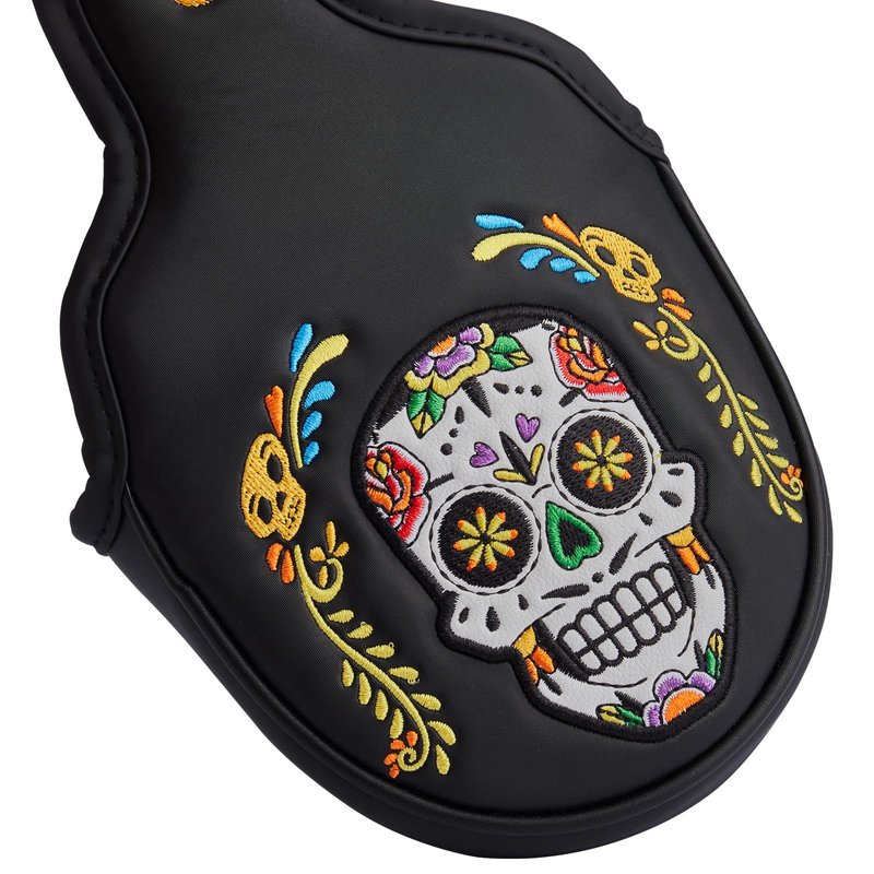 Gbourly Black Golf Club Colorful Skull Skeleton Mallet Putter Head Cover Magnetic Closure Heel Shafted Satin Pattern PU Leather Headcover