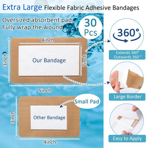 Geiserailie 30 Pcs Flexible Extra Large Adhesive Bandages 5" x 3" Sterile Fabric Adhesive Bandages with Non Stick Pad, Latex Free for Wound Care