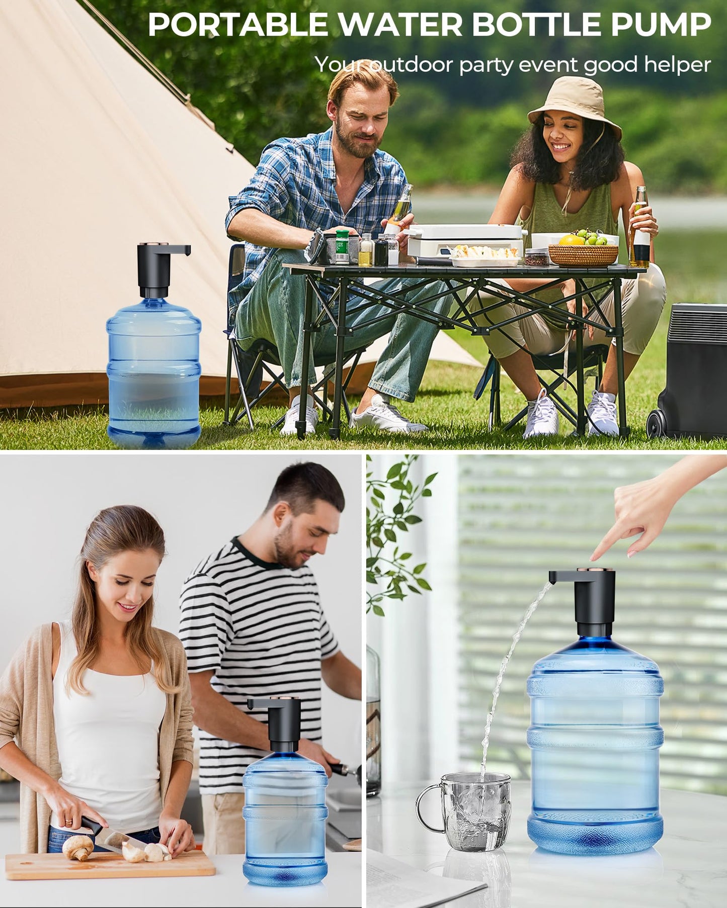 Water Bottle Pump, Portable Electric Water Dispenser Pump for 5 Gallon Bottles - USB Charging, Automatic Switch, Rechargeable Battery for Home Kitchen Room Camping, Black
