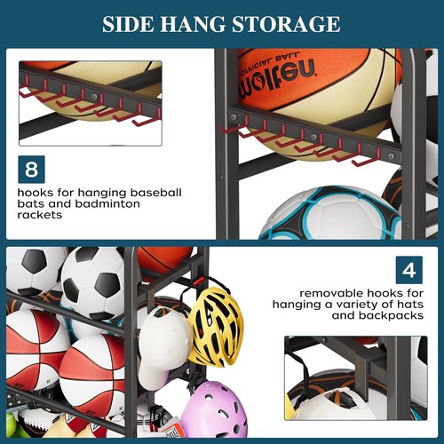 Homeiju Sports Equipment Organizer - Ball Storage Rack with Wheels & Hooks | Indoor/Outdoor Black Gear Shelf