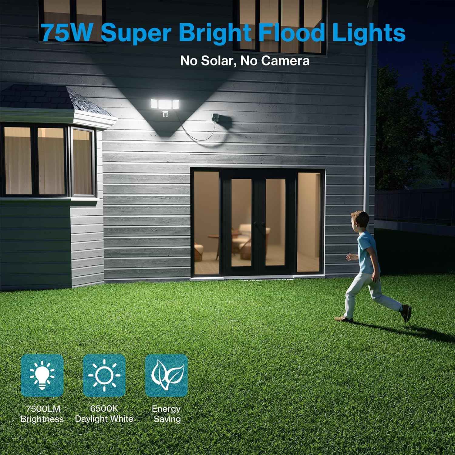 75W Motion Sensor Outdoor Flood Lights - 3 Heads, 7500LM LED Security Lighting, IP65, 6500K for Garage, Yard & Patio (2 Pack)
