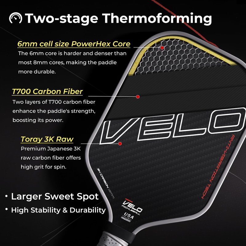 Velo Pickleball, Pickleball Paddles, Professional 3K Carbon Fiber Pickleball Paddle w/Control & Spin, Dual Foam Injected Edge for Large Sweet Spot, 16mm Core, Non-Slip Long Handle, USAPA Approved