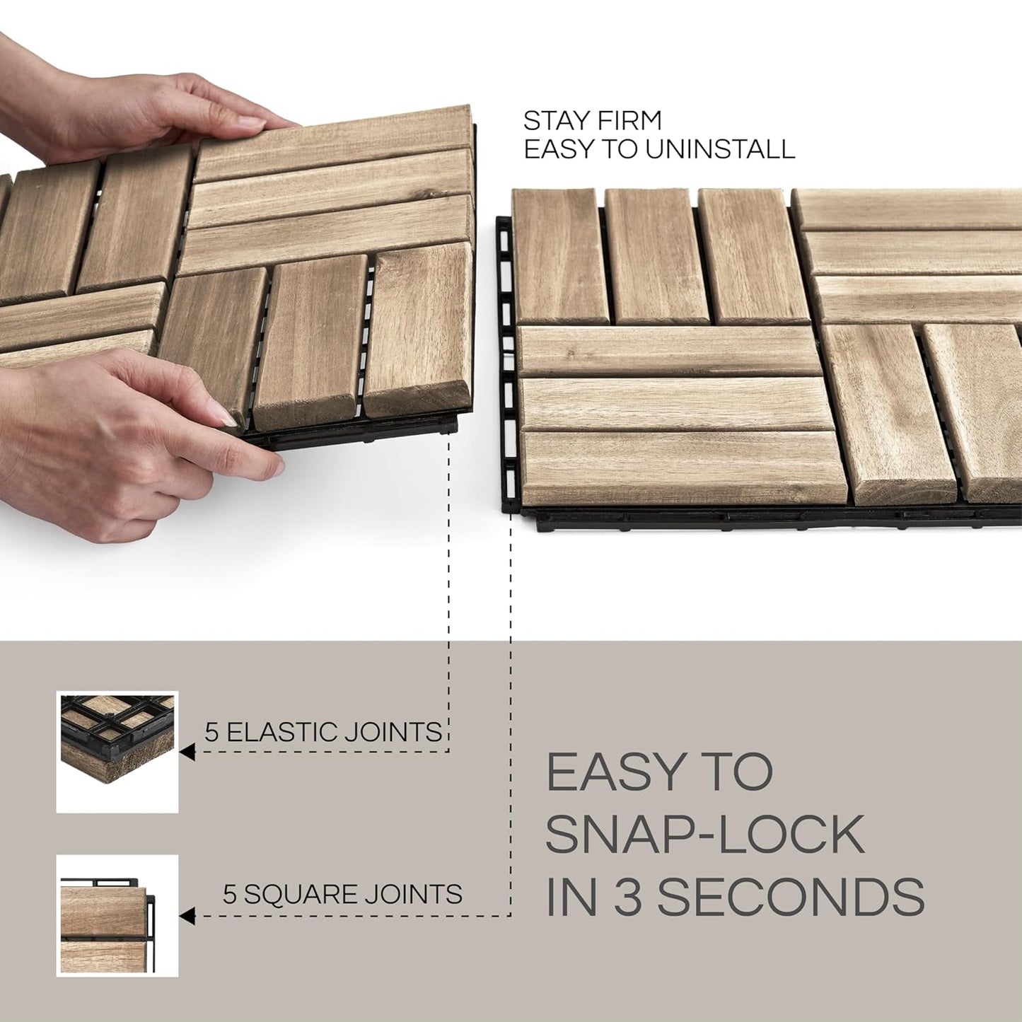 Outdoor Waterproof Acacia Wood Deck Tiles - 10 Pcs Patio Flooring for All Weather Use