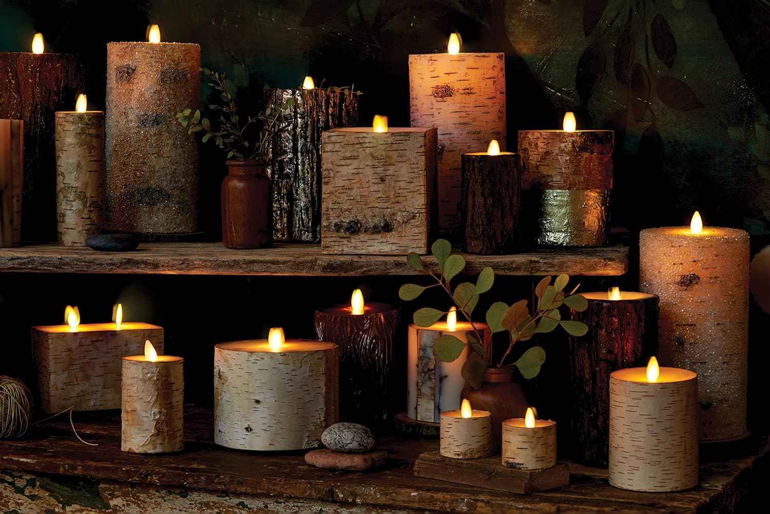 Realistic Moving Flame LED Pillar Candle with Birch Bark - Battery Operated, Remote Ready, 4x7