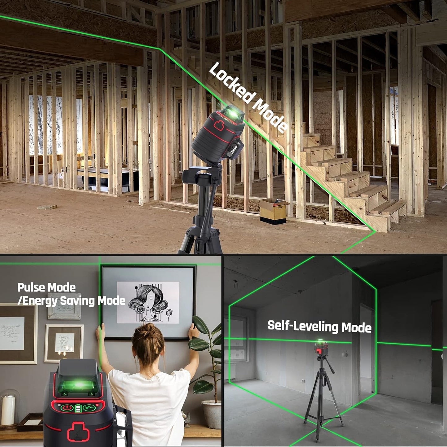 100ft Green Cross Line Laser Level with Tripod - Self-Leveling, 4 Brightness Modes, IP54 Waterproof & Carrying Bag