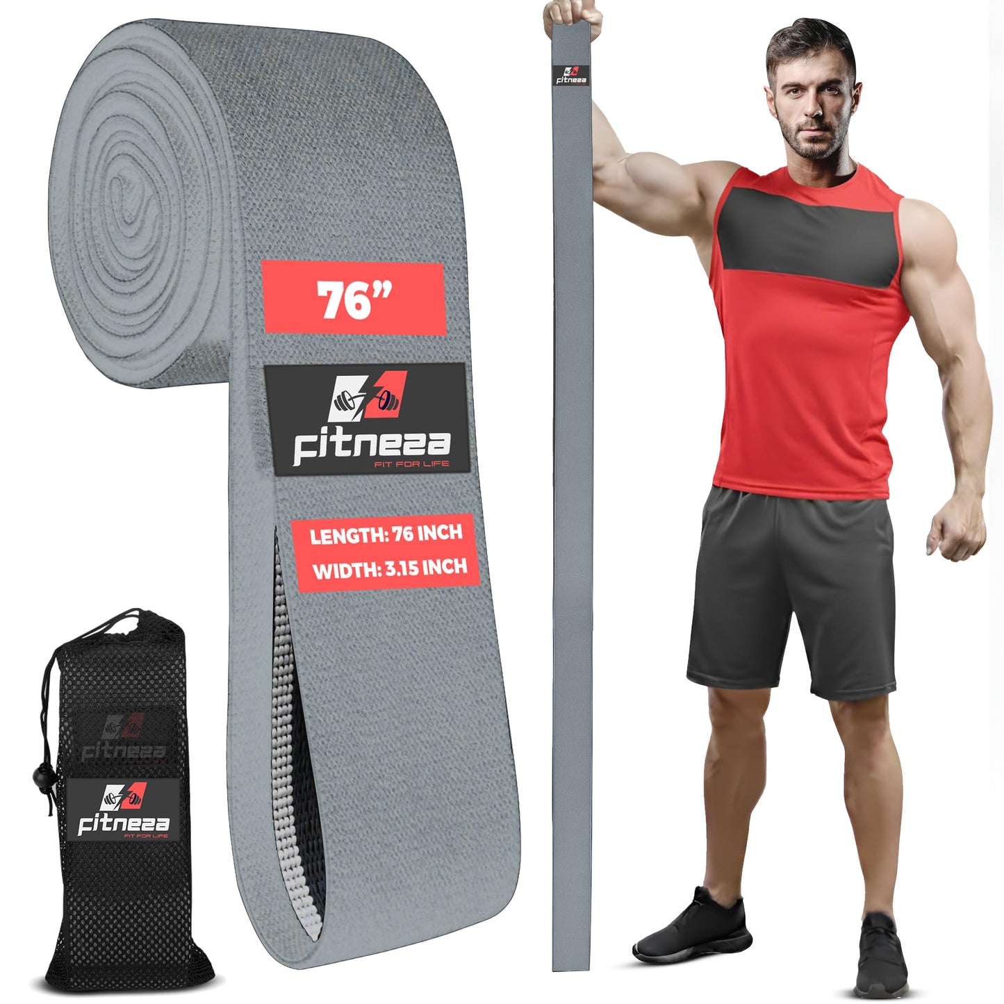 FITNEZA 76" Inch Premium Extended Length Fabric Resistance Bands for Working Out – 3" Wide Non-Slip Extra Long – No Pinching & Snapping – Exercise Workout Fitness Stretch Band for Pilates (Gray)