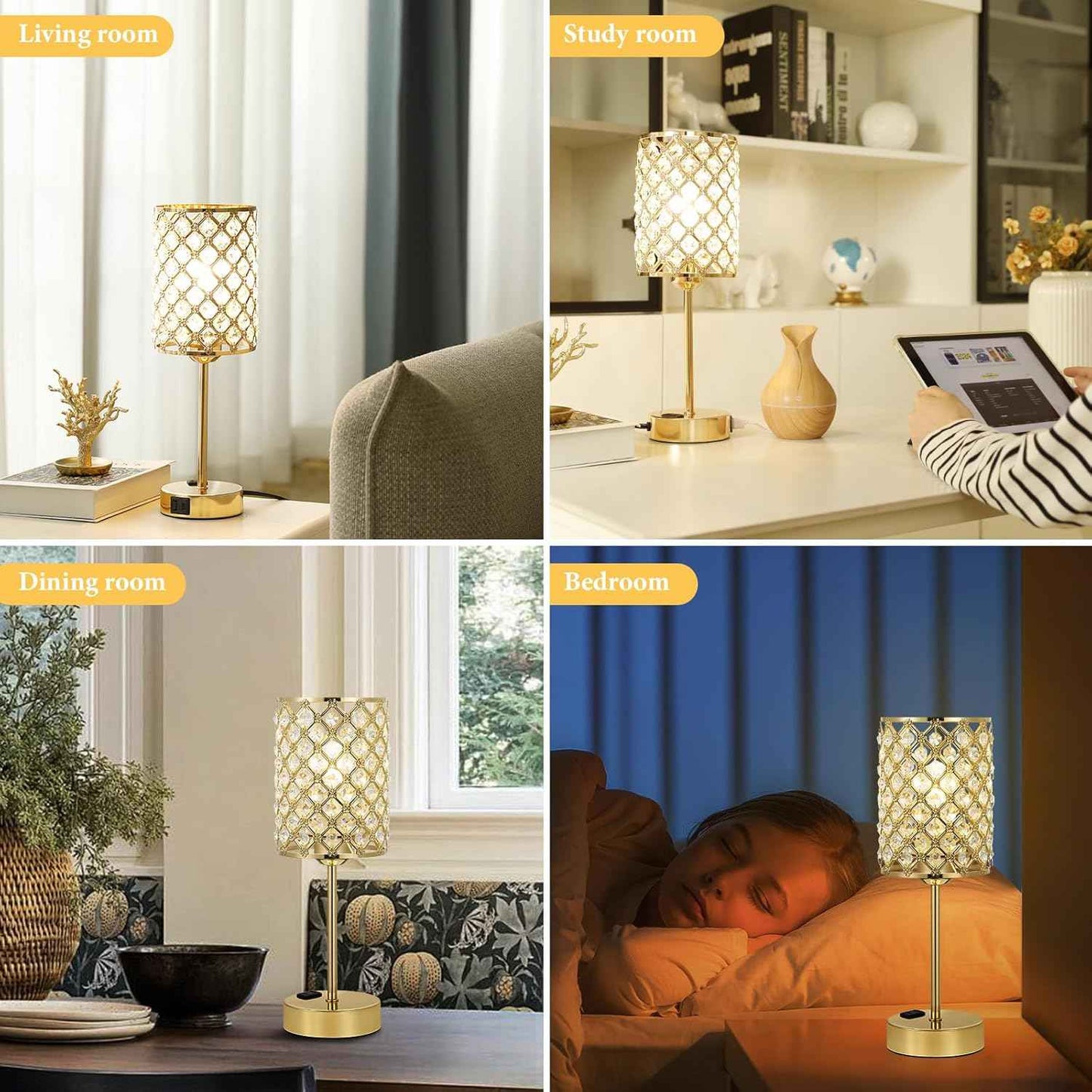 Dimmable Touch Control Crystal Table Lamp Set of 2 with USB-C & AC Ports - Elegant Nightstand Lighting for Bedroom & Living Room