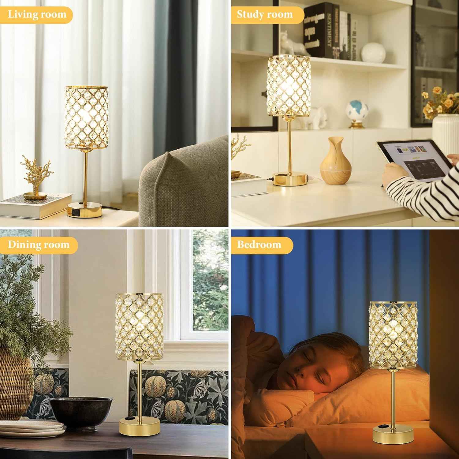 Dimmable Touch Control Crystal Table Lamp Set of 2 with USB-C & AC Ports - Elegant Nightstand Lighting for Bedroom & Living Room