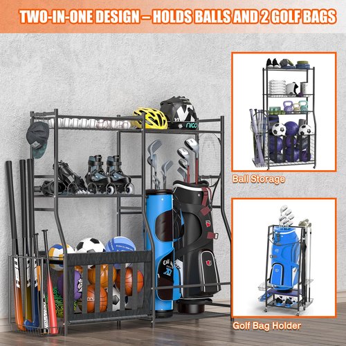 Ultrawall Sports Equipment Organizer Golf Bag Holder for Garage, Ball Storage Rack, Golf Bag Stand, Kids Toy Storage for Indoor/Outdoor