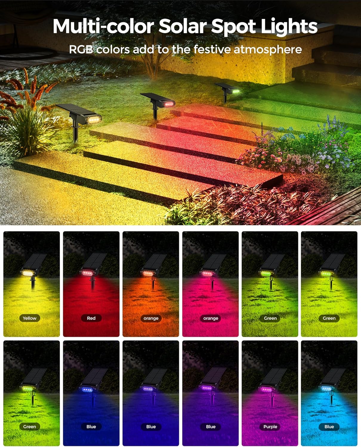 RGB Solar Spot Lights for Halloween - 12 Color Modes, Waterproof IP67, Remote Control, 4-Pack for Yard & Garden