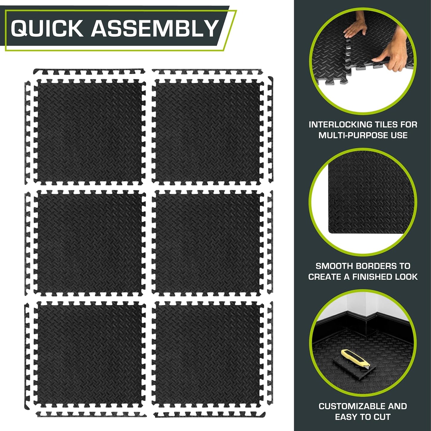 ProsourceFit Puzzle Exercise Mat - EVA Interlocking Foam Tiles for Home Gym | Black, 24" x 24" x ½" - 6 Tiles