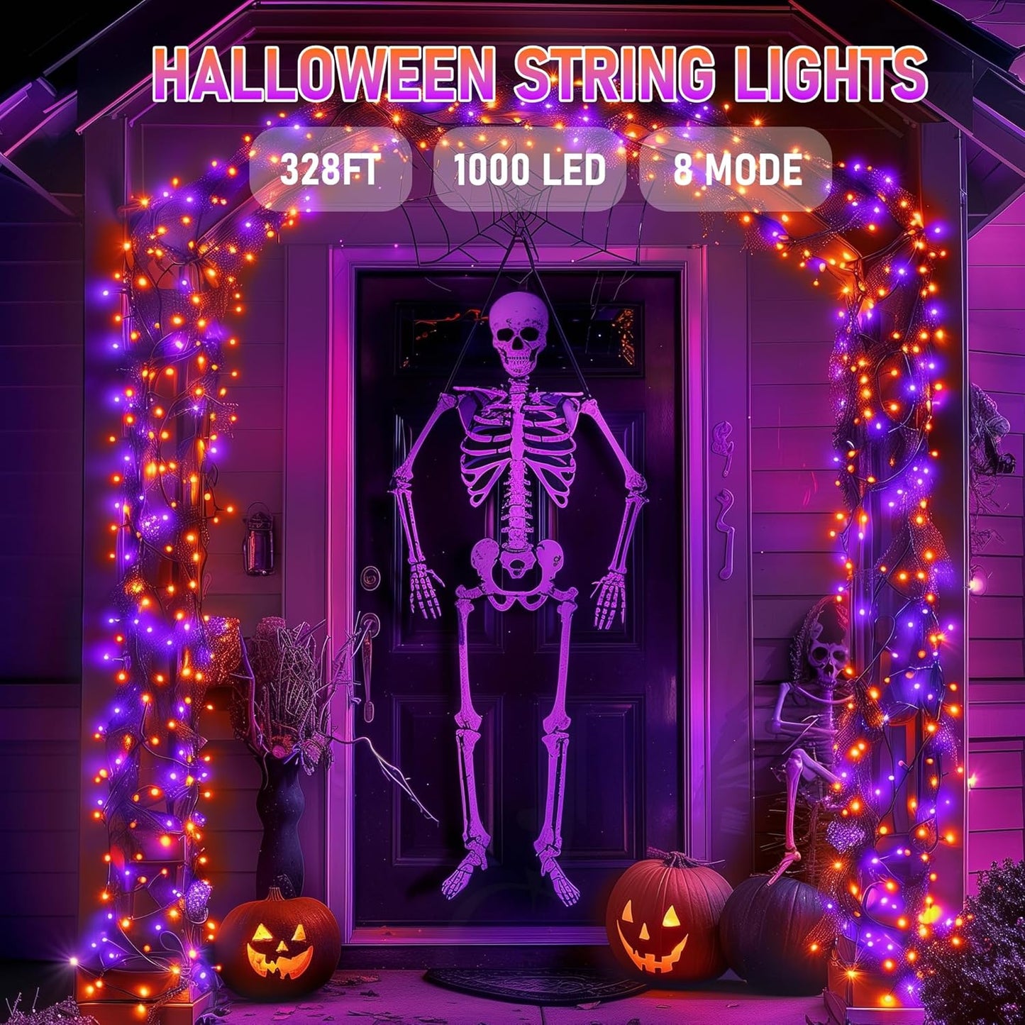1000 LED Halloween String Lights 328FT - Waterproof Outdoor & Indoor Decor with Remote, 8 Modes - Purple & Orange for Parties & Yard
