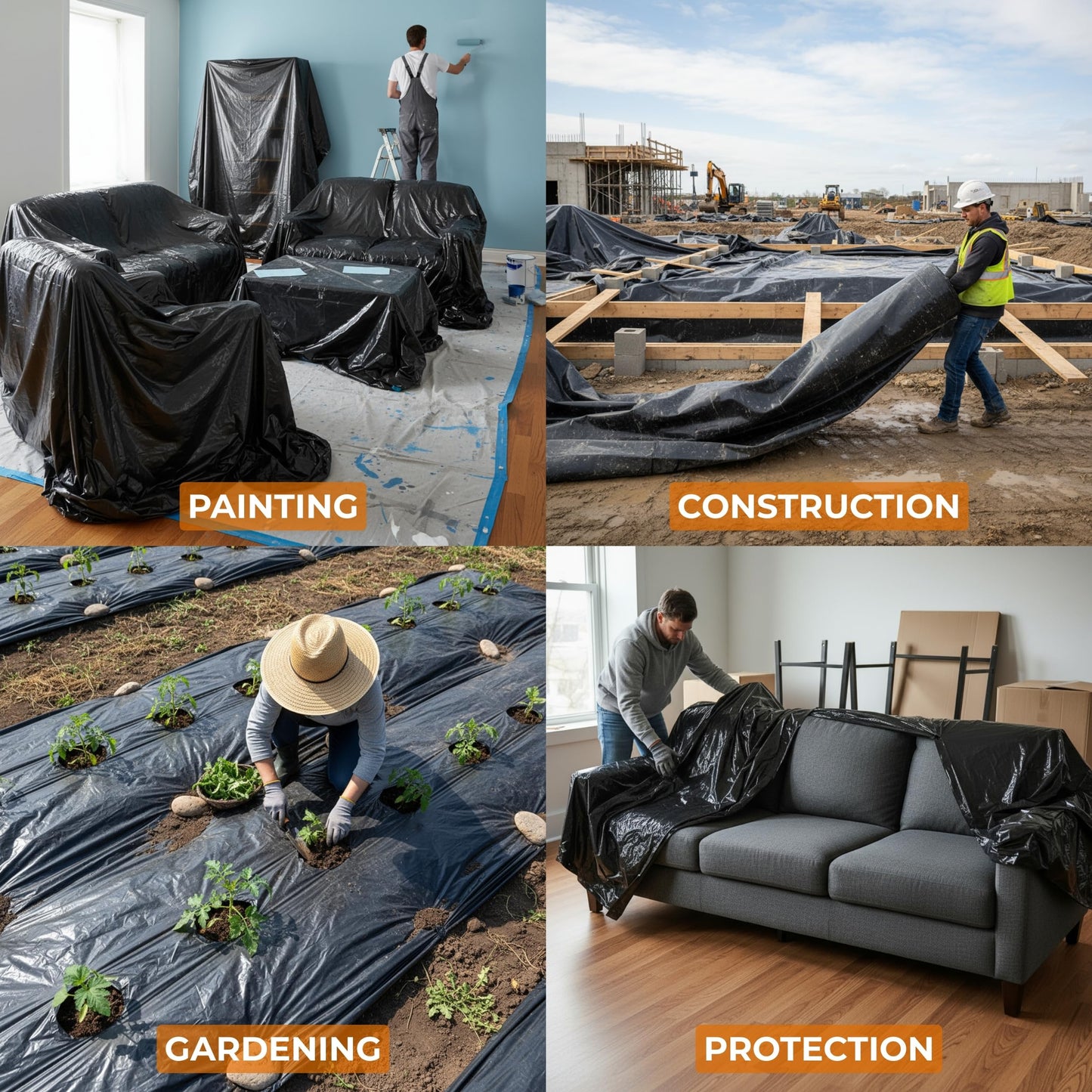 Black Plastic Sheeting Roll 3'x50' (2 Pack) – 4 Mil UV Protected, Weed Barrier & Landscape Plastic for Gardening, Root Blocker & Moisture Barrier, Protective Covering for Painting & Equipment