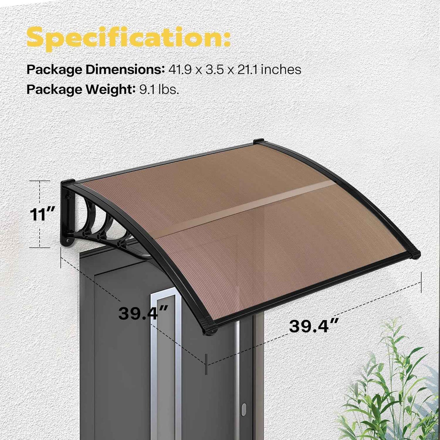 40-Inch VIVOHOME Polycarbonate Window Door Awning Canopy - Brown with Black Bracket