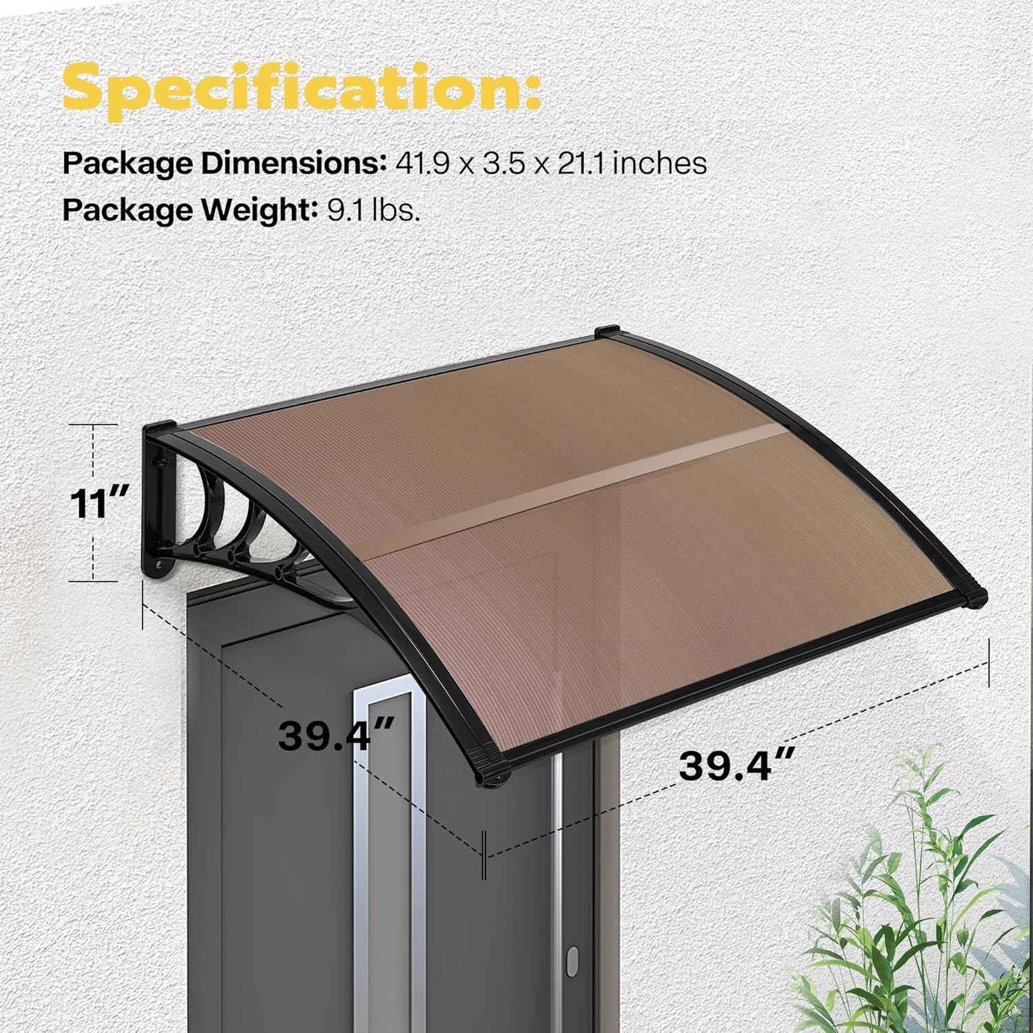40-Inch VIVOHOME Polycarbonate Window Door Awning Canopy - Brown with Black Bracket