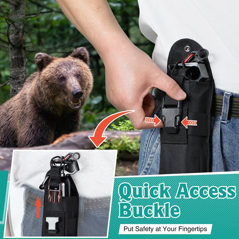 2 Pack Bear Spray Holster with Quick Release Buckle (Spray Not Included), Nylon Holster with Hook & Loop for 7.9 & 9.2fl Oz Canister, Portable Pouch & Elastic Cord Design for Hiking, Camping (Black)