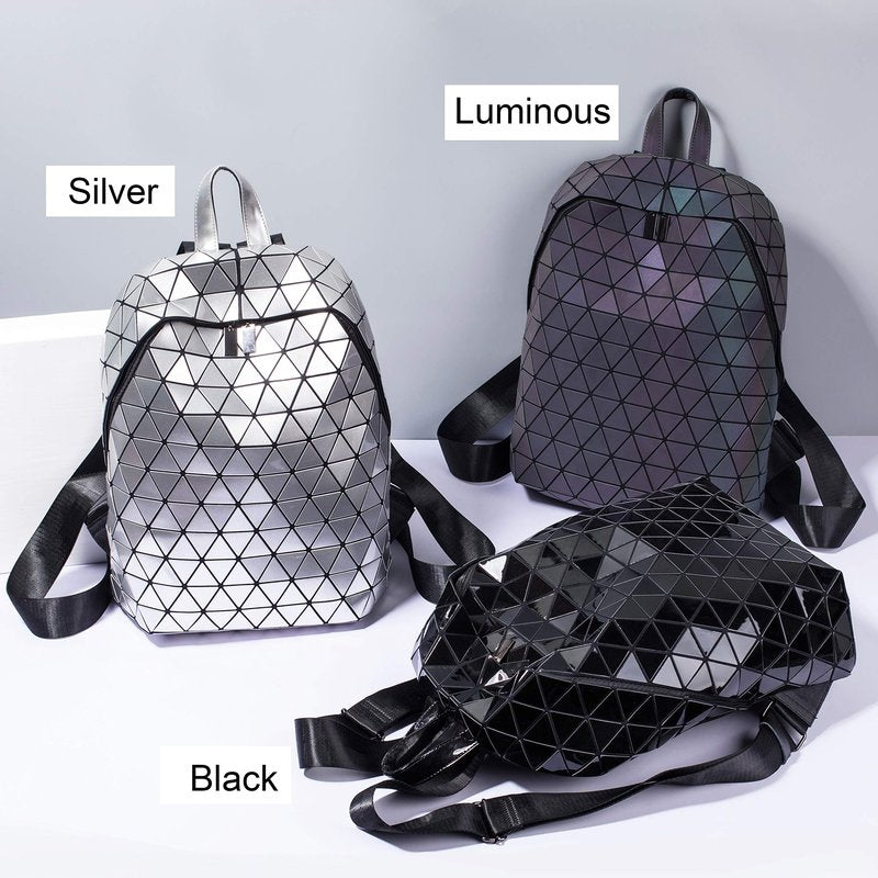 LorranTree Geometric Backpack Luminous Backpacks Holographic Reflective Bag Lumikay Bags Irredescent Rucksack Rainbow Silver One_Size