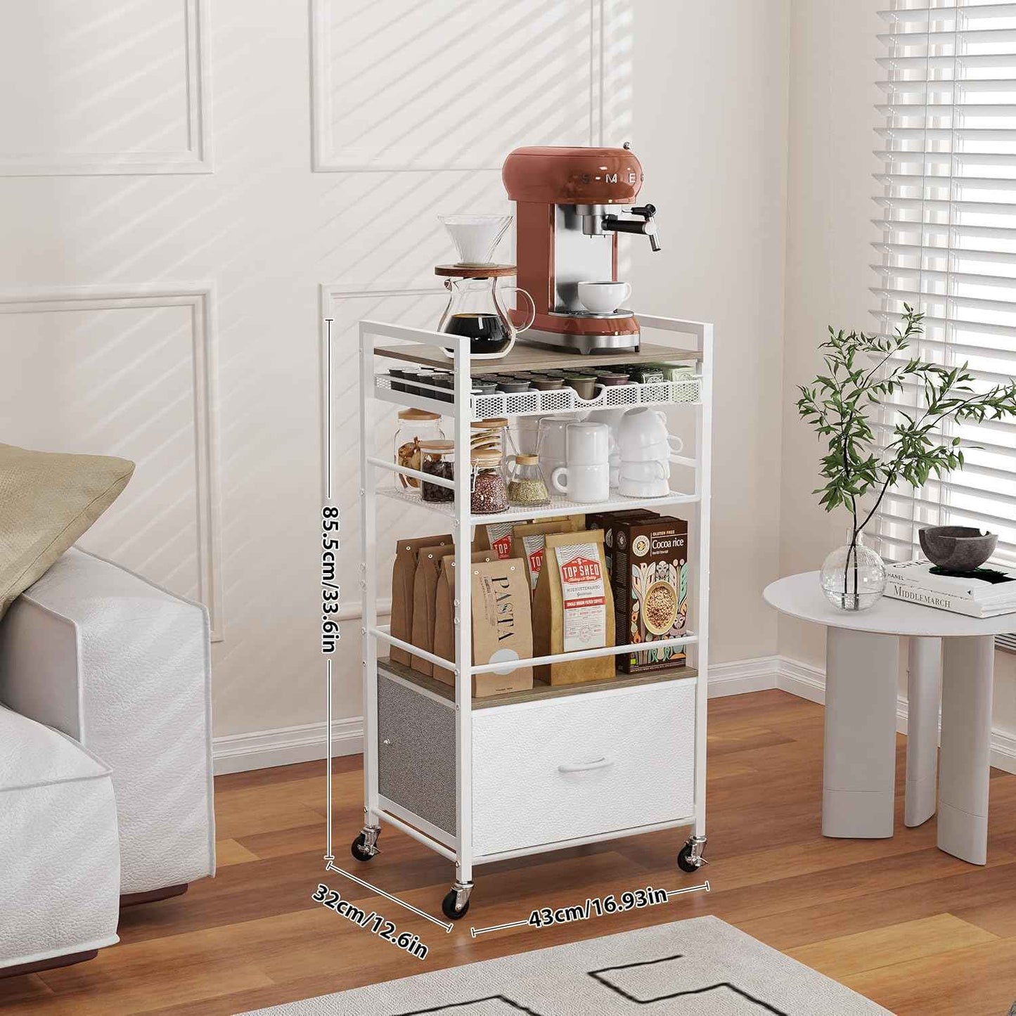 Modern White Coffee Bar Cabinet on Wheels - 5-Tier Storage Station with Drawer for Home Kitchen & Liquor Buffet