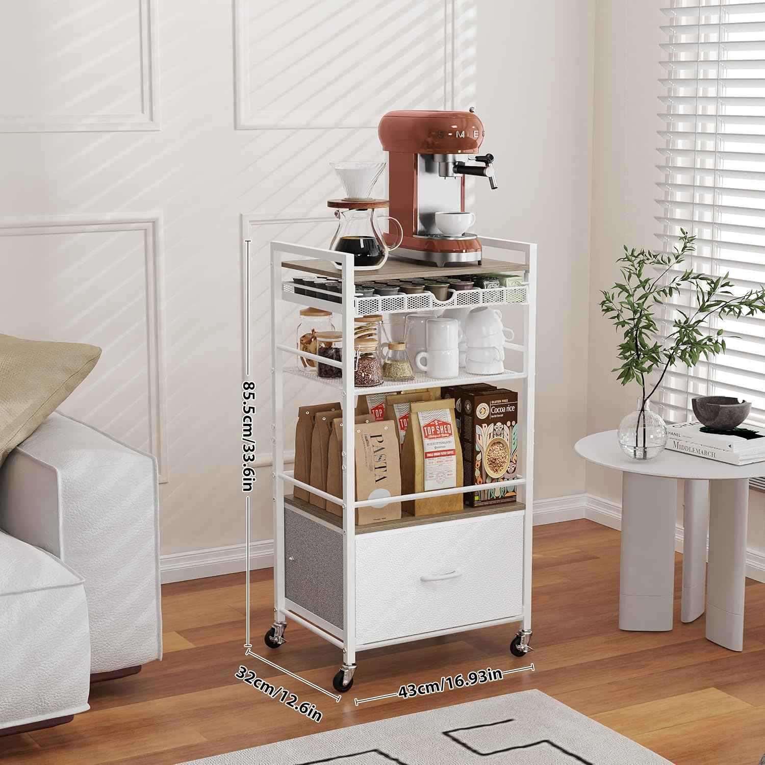Modern White Coffee Bar Cabinet on Wheels - 5-Tier Storage Station with Drawer for Home Kitchen & Liquor Buffet