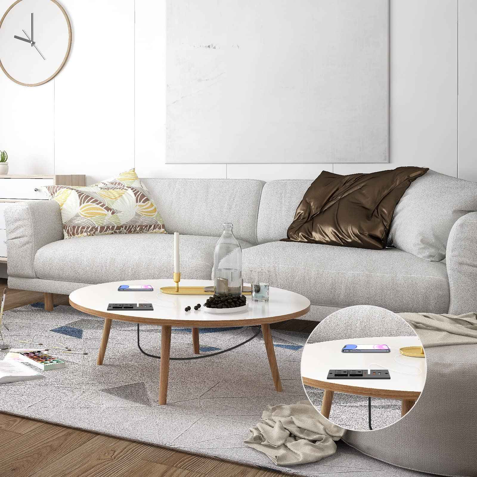 Recessed Power Strip 30W USB C,Furniture Flush Mount Desk Outlet,2 Outlets 4 USB Ports,Recessed Outlet for Side Table/Sofa Table,Ultra Thin Flat Plug Power Strip,3FT Cord (Black)