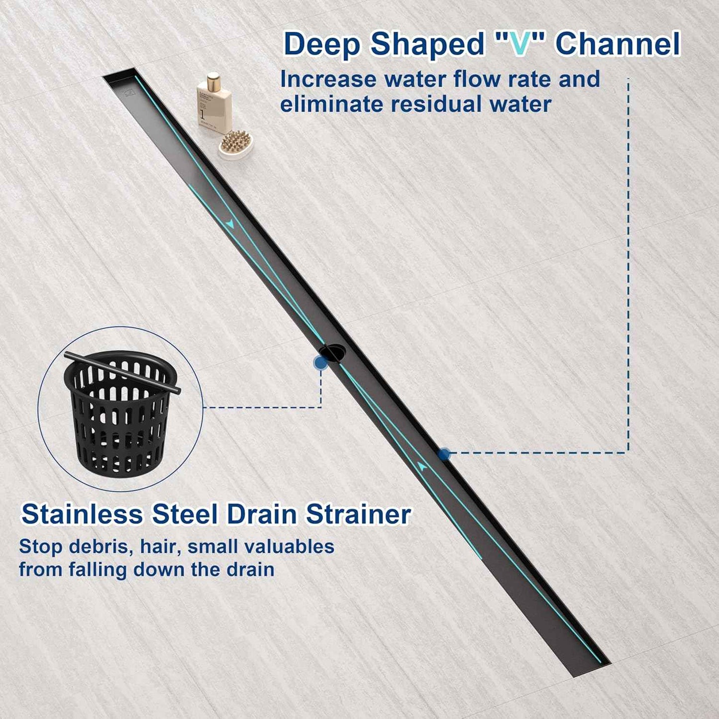 Neodrain 18-Inch Gold Linear Shower Drain - Brushed Brass, Tile Insert Cover & Hair Strainer