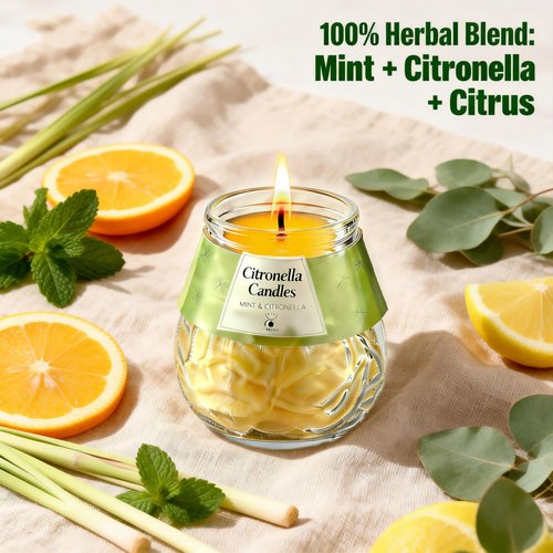 Indoor and Outdoor Citronella Candles, Natural Wax with Mint & Citronella, 25+ Hours Long Lasting Burn, Balanced Layered Scent, Smoke Free Candle for Patio, Garden & Camping