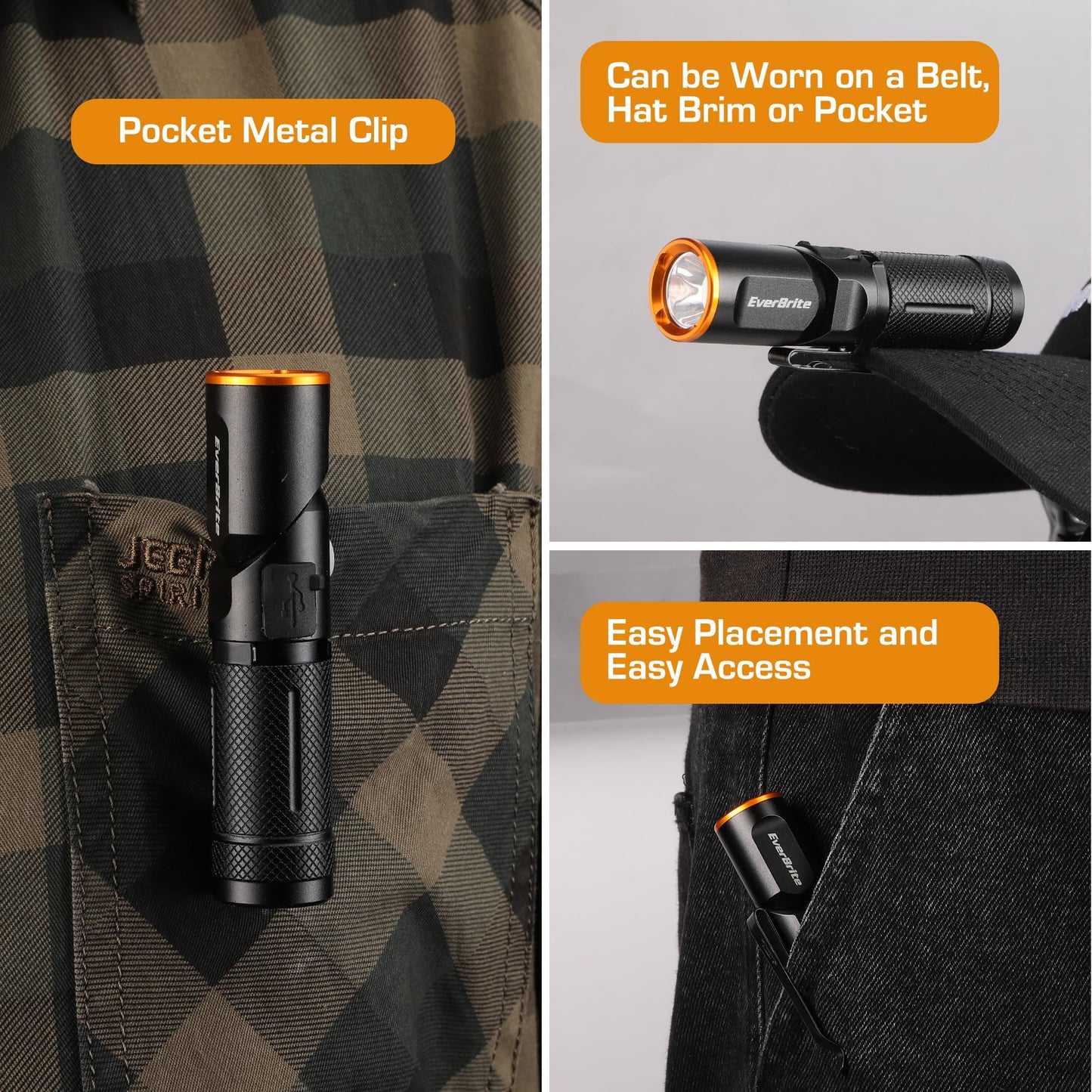 EverBrite 600 Lumens EDC Flashlight, Rechargeable Pocket Flashlight with 90° Swivel Head & Magnetic Base, Small Flashlight with Clip, 3 Modes for Work, Mechanic, Camping, Emergency, Hiking