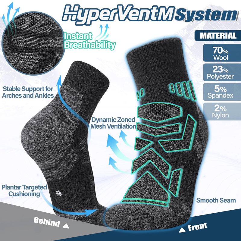 ANTSANG 6 Pairs Merino Wool Hiking Running Socks, Enhanced Breathability, Warm Quarter Ankle Socks for Men and Women(Black, L)