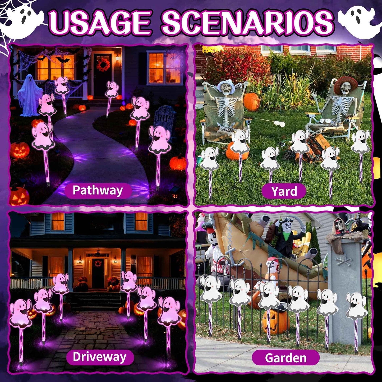 6 in 1 Halloween Ghost Pathway Light, 6 Pack Ghost Stake Lights with Pink LED, Waterproof Outdoor Decoration Ghosts Pathway Marker Lights for Lawn Walkway Yard Garden Party Decor