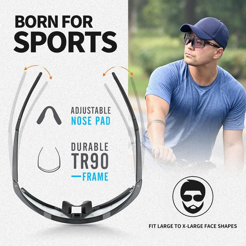 VOZAPOW Photochromic Sports Sunglasses XL for Men Women, TR90 Frame Cycling Glasses for Baseball, Running, Hiking