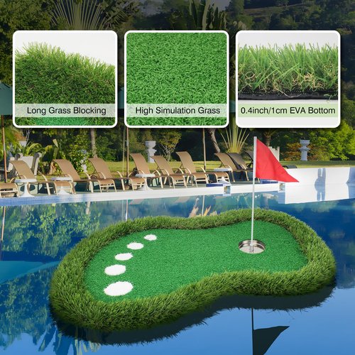 LightZon Floating Golf Green for Pools - Golf Putting Green Set Includes Chipping Mat, 5 Balls, Cup, Flag, Tee, Improve Skills