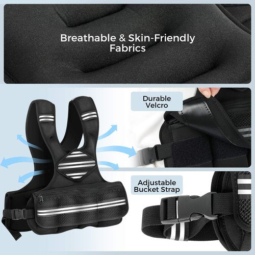 Adjustable Weighted Vest Women Men, 6-18 LBS Weighted Walking Vest with 8 Ironsand Weights & Reflective Strip, Strength Training Weight Vests for Walking Running GYM Home Workout, Large Zippered Pocket
