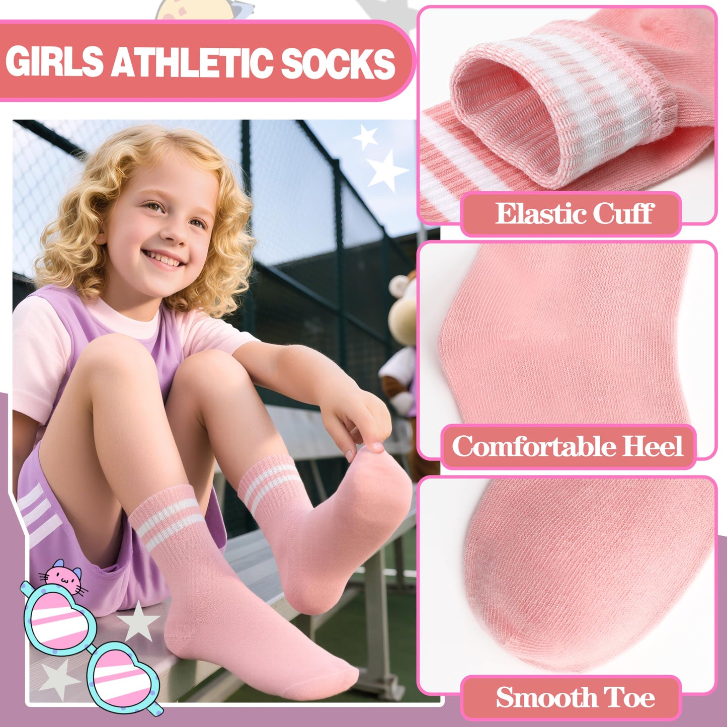 SAVALOS Kids Girls Socks Athletic Basketball Sport Youth Crew Cotton Gift Socks 6 Pairs Stocking Stuffers(Assorted,5-8 Years)