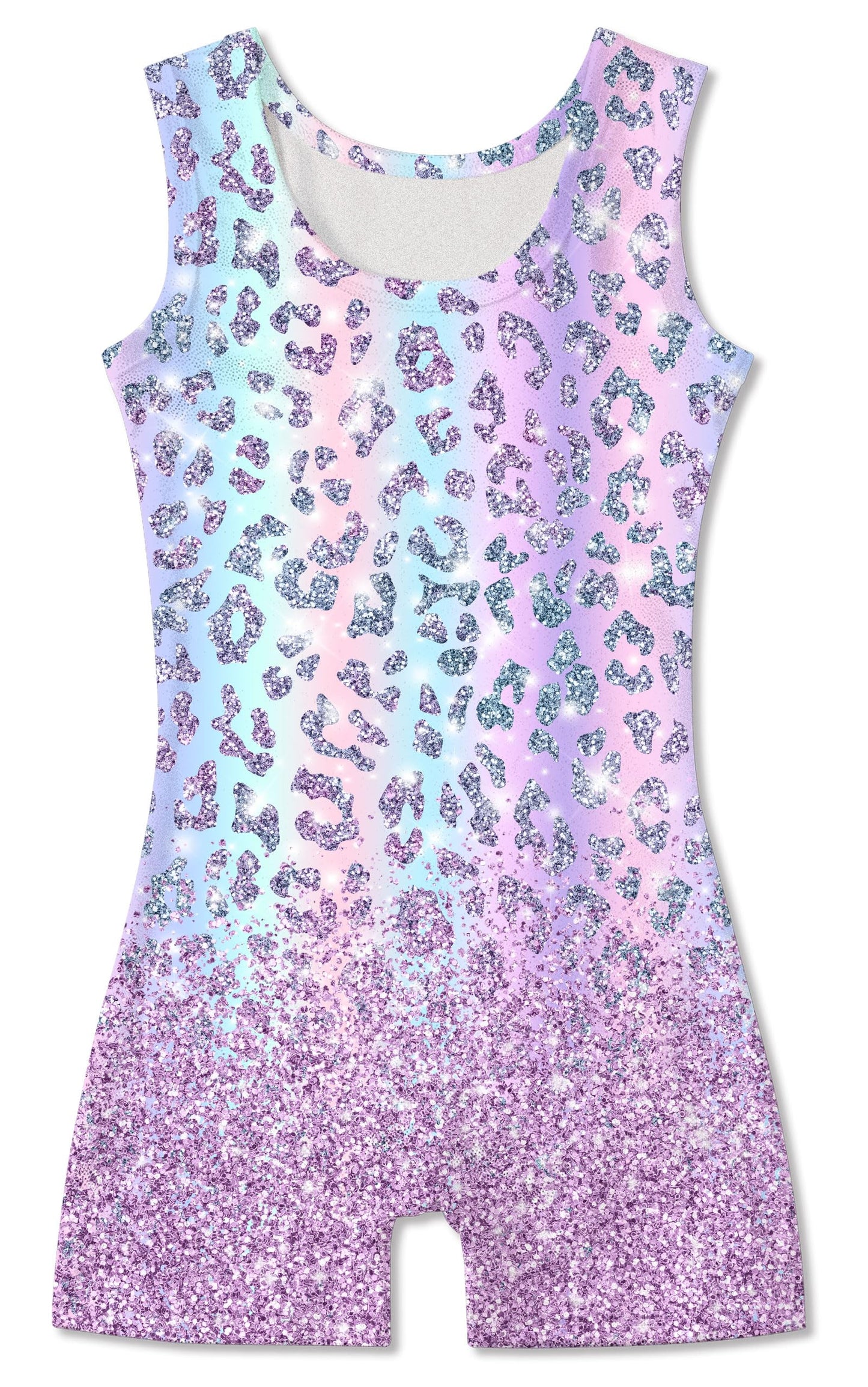 Funnycokid Gymnastics Leotards for Girls Dance Outfits Unitard Sparkly Clothes with Shorts, Diamond Leopard Colorful Purple, 5-6 Years