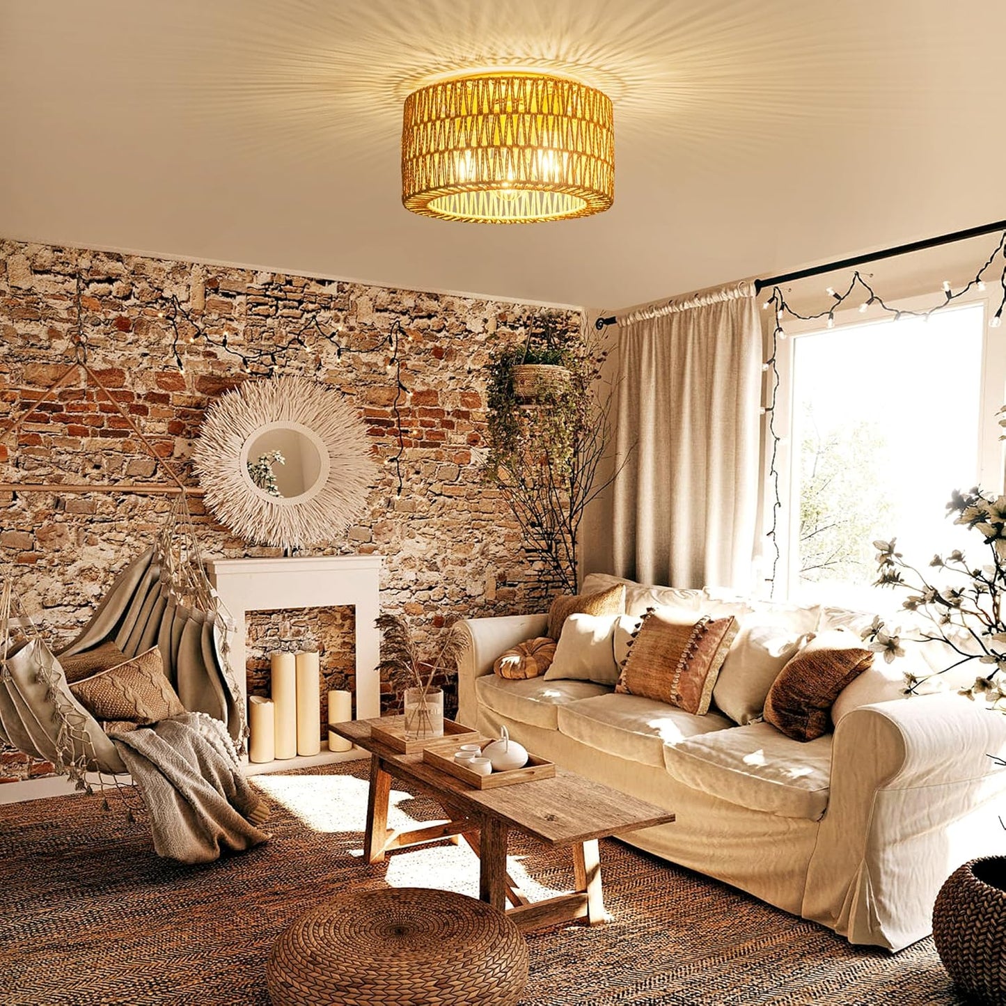Bohemian Rattan Ceiling Light Fixture - 3-Light Woven Flush Mount for Bedroom & Living Room