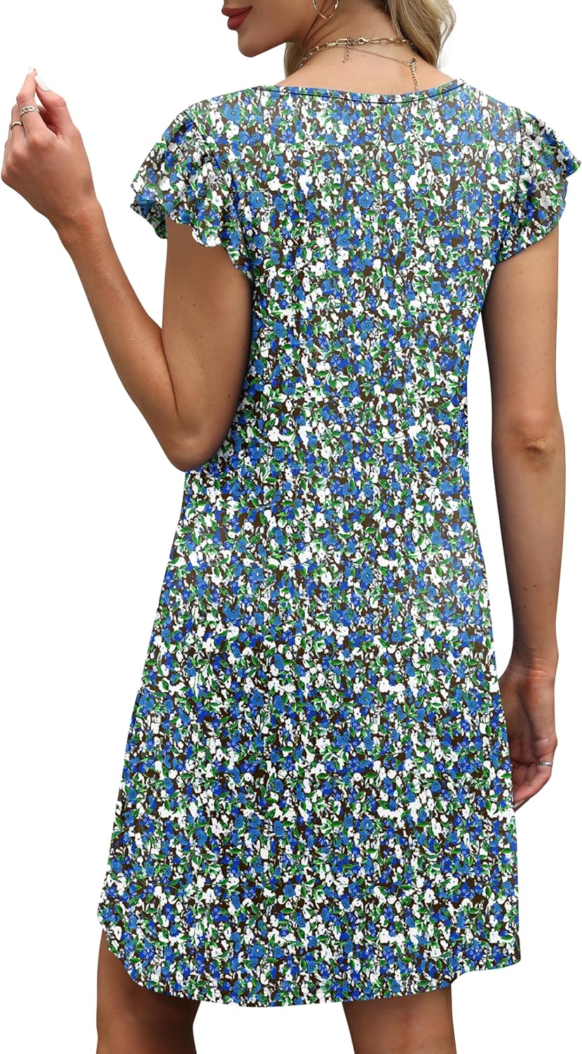 OFEEFAN Women's Summer Dresses - Ruffle Sleeve V-Neck Loose Swing Sundress with Pockets | Plain & Print Options