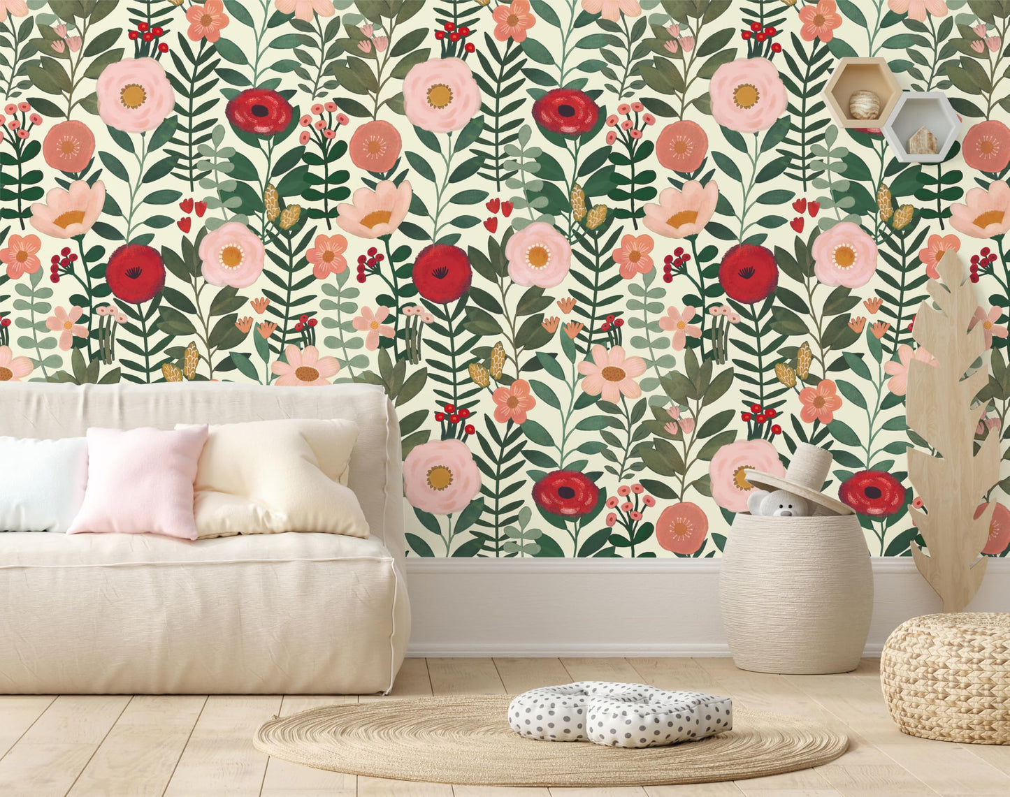 HAOKHOME Floral Peel and Stick Wallpaper Boho Wall Paper Removable for Bedroom Beige/Pink/Red Contact Paper 17.3in x 9.8ft