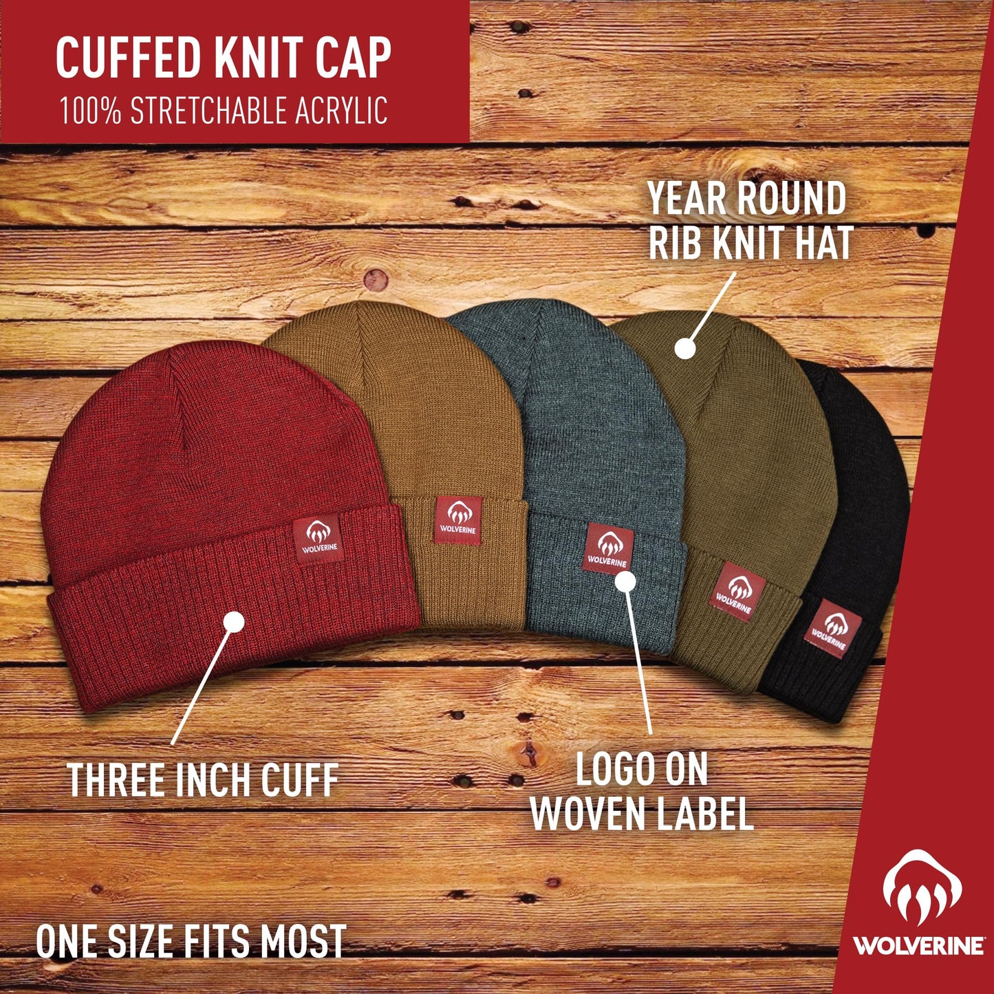 WOLVERINE Performance Work Beanie | Unisex | Durable | Rugged | Warm | Outdoor | Adventures | One Size, Cuffed Knit - Chestnut